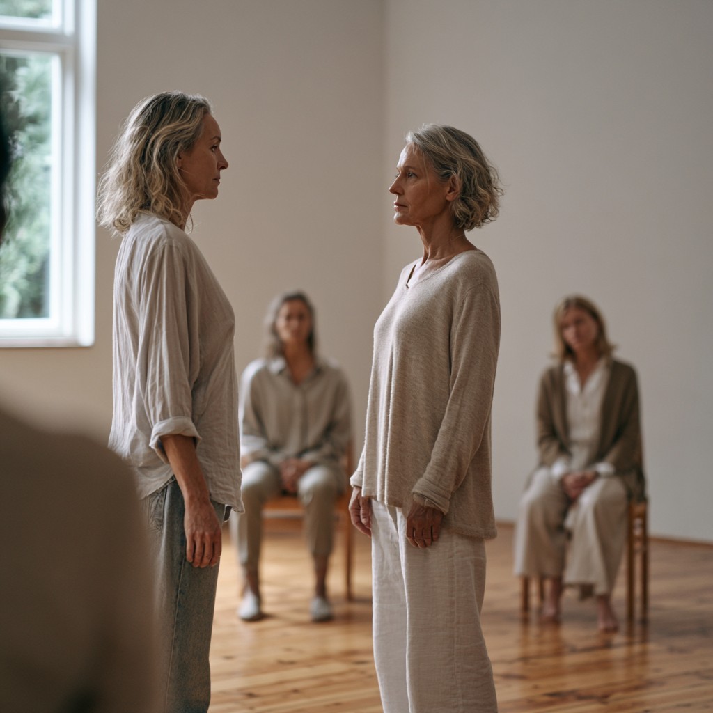Zwei Frauen stehen sich in einem hellen Raum gegenüber, weitere Teilnehmerinnen sitzen im Hintergrund