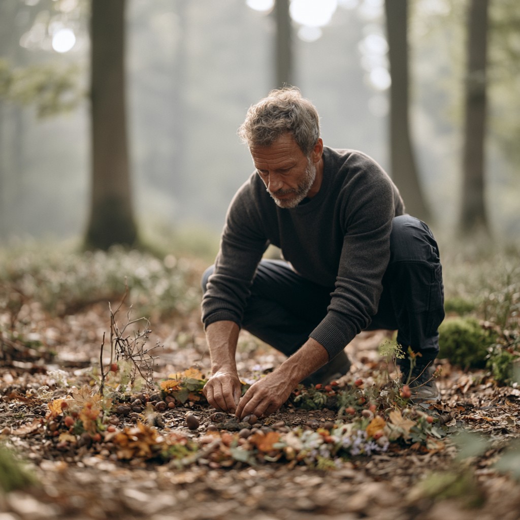 Mann kniet im Wald und legt Blätter und Steine zu einem Ritualkreis